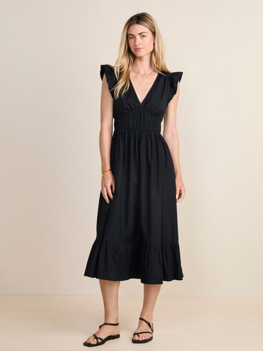 Vineyard Vines Black V-Neck Ruffle Midi Dress